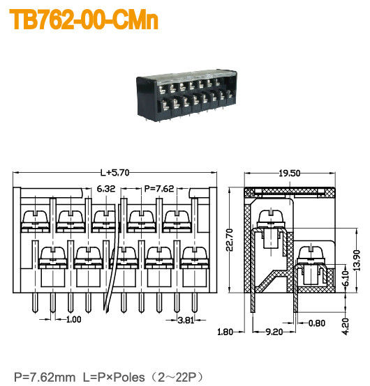 Preto nivelado dobro do passo 300V 15A do bloco terminal 7.62mm da barreira