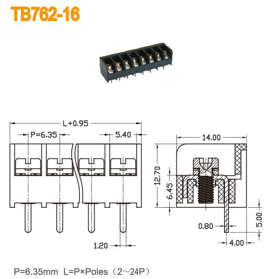 Bronze UL94 V0 do passo 300V 15A do bloco terminal 6.35mm da barreira de PBT