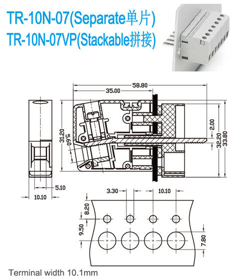 alimentação de 300V 65A com a largura terminal terminal do bronze M4 PA66 10.1mm dos blocos UL94-V0