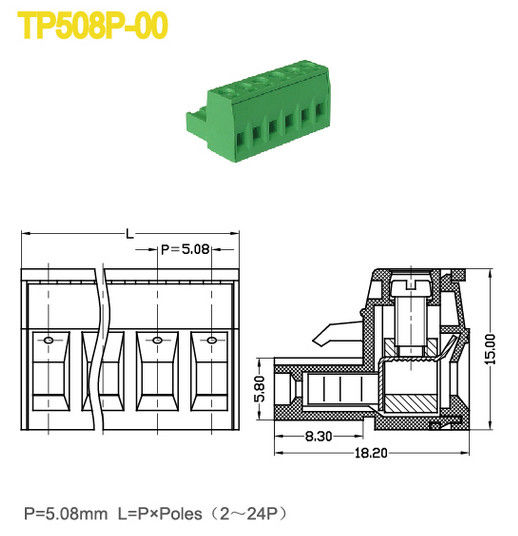 Peças 300V/18A fêmeas elétricas do parafuso do M3 dos blocos de terminais do passo 5.08mm