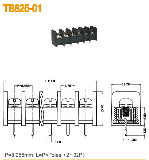 M3 bloco de terminais 2-32 Polos 300V/20A da barreira do passo do parafuso 8.255mm