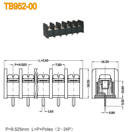 Blocos de terminais pretos de bronze 20A do PWB UL94-V0/passo parafuso 9.525mm de 300V M4