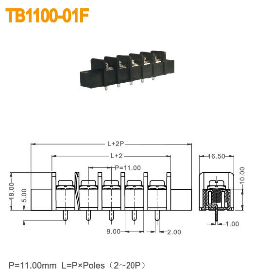 25A bloco terminal elétrico de bronze 300V com escuro como breu da flange PBT 11mm