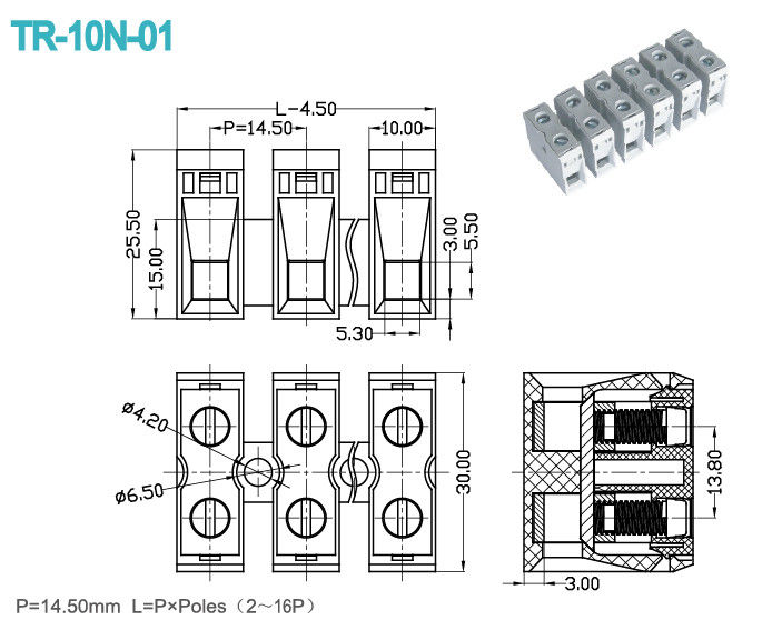 2-16 bloco de conector terminal 600V do passo de polos 14.5mm 65A PA66