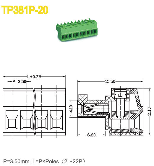 Conector de bloco de terminal plugável fêmea PA66 passo de 3,5 mm 300 V 8 A 2-22 pólos