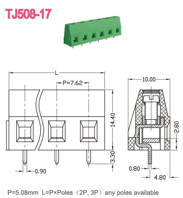 tipo verde de bronze terminal do Euro do bloco 300V 10A do PWB do parafuso de 5.08mm que levanta a série