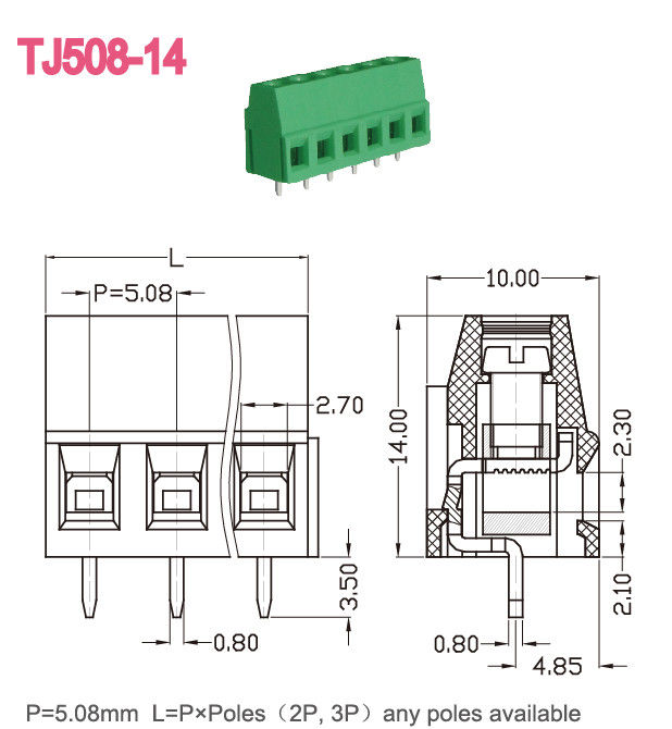 Bloco terminal PCB passo 5,08 mm 300 V 10 A M3 2-24 pólos cor verde