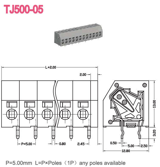 Calibre de diâmetro de fios do bloco de terminais 300V 10A 2-24 Polos 16-26 de Screwless da mola do passo 5.0mm
