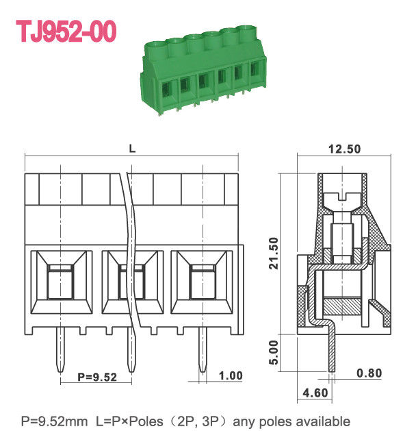Bloco de terminais 300V 30A 2-16 Polos do PWB do parafuso 9.52mm do M3 da cor verde