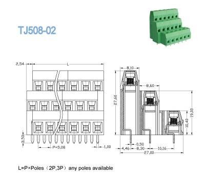 Bloco terminal de parafusos de PCB de latão Tripla nível Euro Tipo de série de elevação