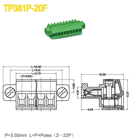 Da tomada Pluggable do bloco terminal 8A das orelhas da montagem os soquetes fêmeas lançam o verde de 3.5mm