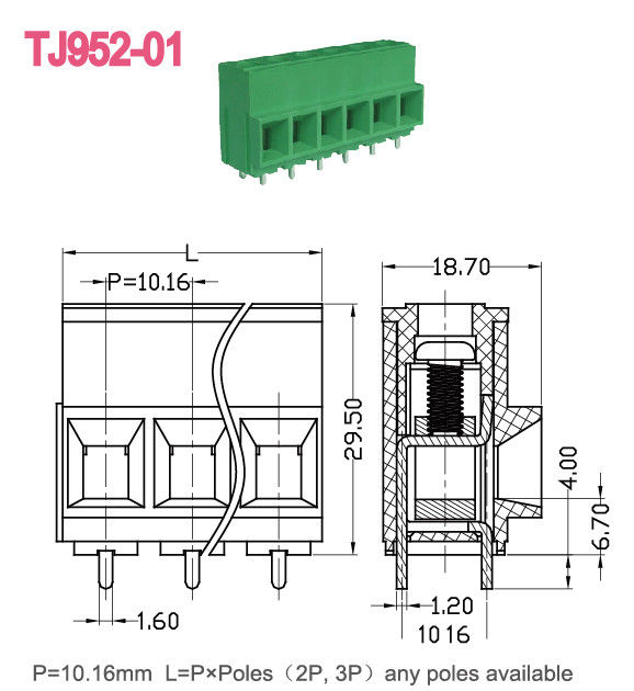 57A Bloco terminal de parafuso de PCB 10.16mm Pitch Euro Raising Series 2-16 Poles UL Dados técnicos