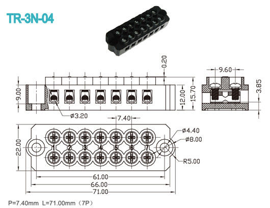 7 Pólos obstruem dentro o parafuso M3 de bronze Calibre de diâmetro de fios do preto 300V/20A 12-16 do conector do bloco terminal