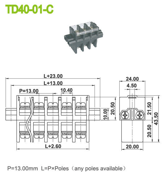 parafuso M5 do passo 13mm da perfuração do conector do bloco de terminais do poder da montagem do painel 40A