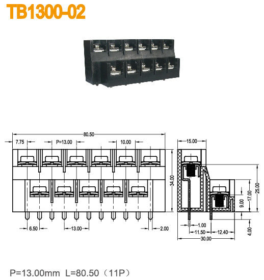Passo de bronze plástico 11mm do bloco de terminais da barreira PA66 20A dois níveis