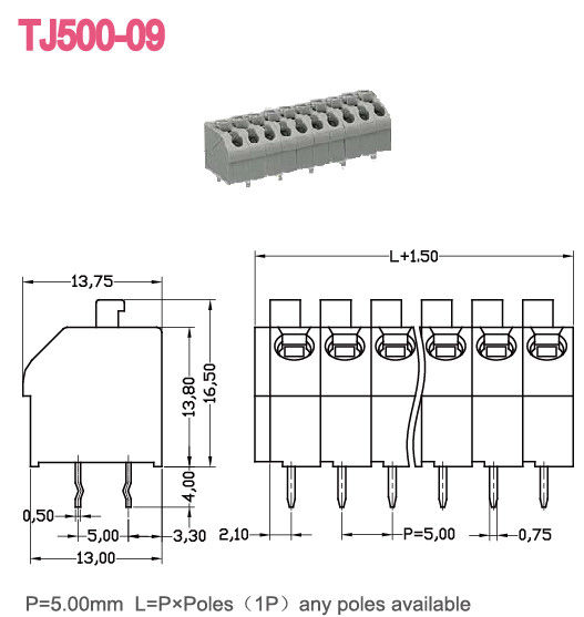 Bronze 300V/10A Screwless PA66 do bloco de terminais 2-24 Polos da mola do passo 5.0mm