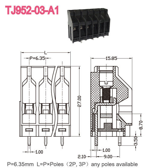 Calibre de diâmetro de fios preto do passo 30A UL94-V0 30A 10-22 do bloco de terminais 6.35mm do parafuso do PWB