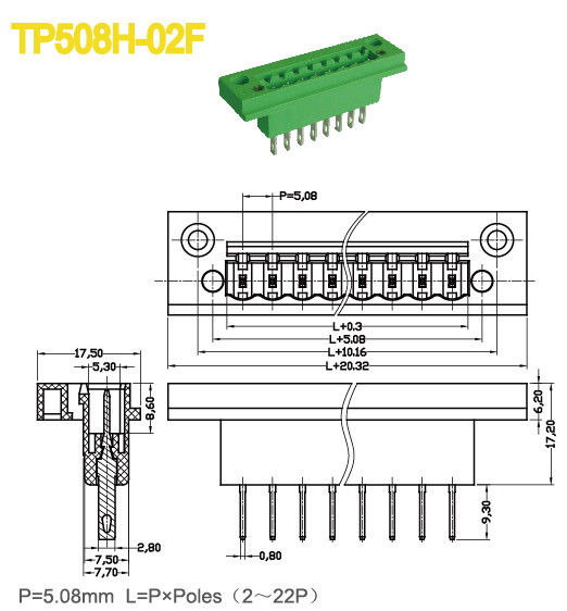 O encabeçamento masculino verde obstrui dentro o bloco de terminais com os soquetes 18A PA66 2-22 Polos da flange 5.08mm
