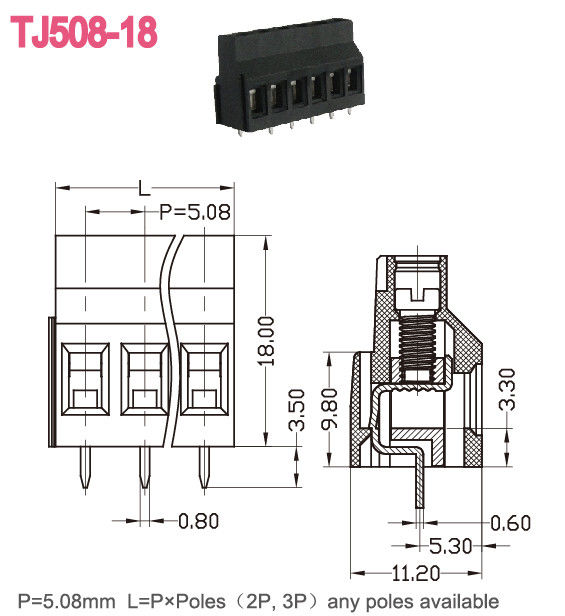 Euro de bronze do bloco de terminais preto do parafuso do PWB que levanta o tipo Calibre de diâmetro de fios da série 300V 10A 12-24
