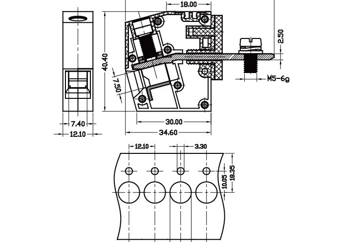 Largura terminal do bloco de terminais 12.1mm da montagem do painel de UL94-V0 600V 85A