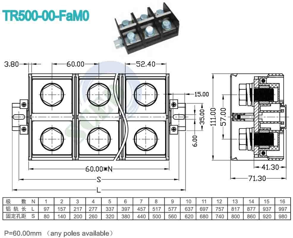 60.00mm 600V PC UL94 M16 Blocos terminais para controlo industrial