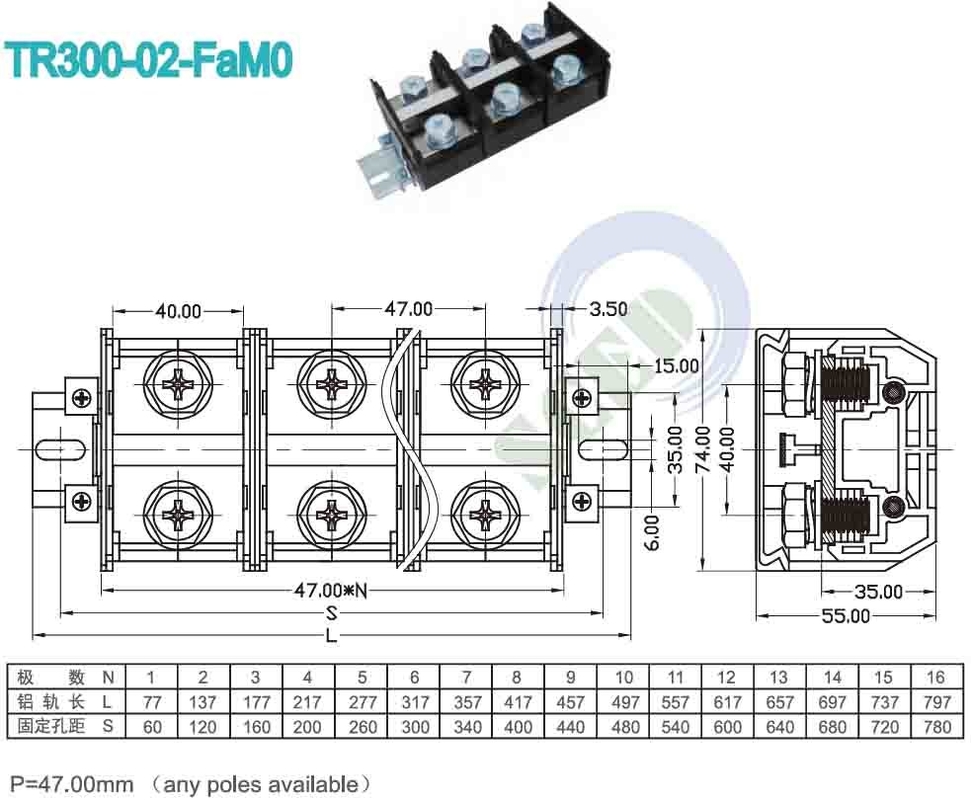 Bloco de terminal de montagem de painel de PCB 47.00mm 600V 300A PC Conector de terminal de parafuso preto