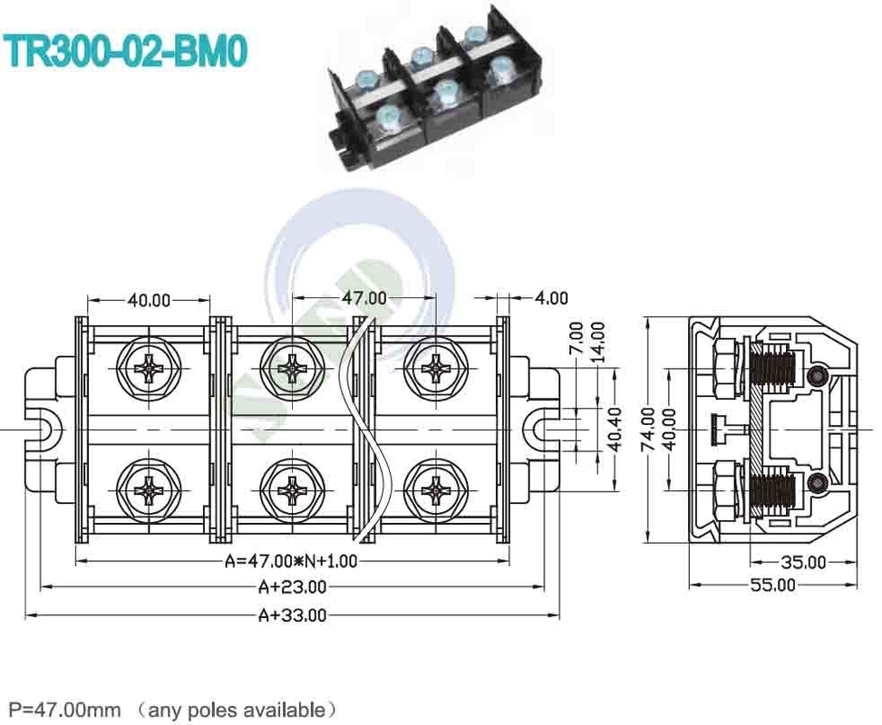 300A Bloco Termiânico Ferroviário 47,0mm 600V Material PC Preto Conector de Montagem de Parafuso