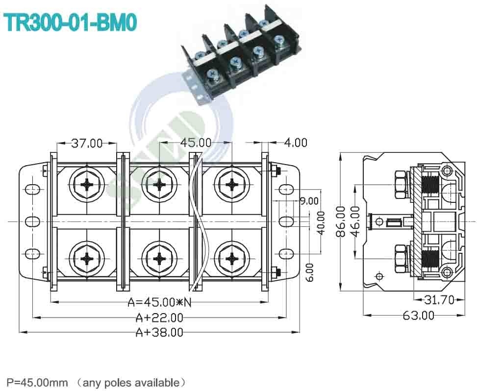 600V 300A Bloco terminal de alta corrente Voltagem pesada 45.00mm Conector terminal elétrico
