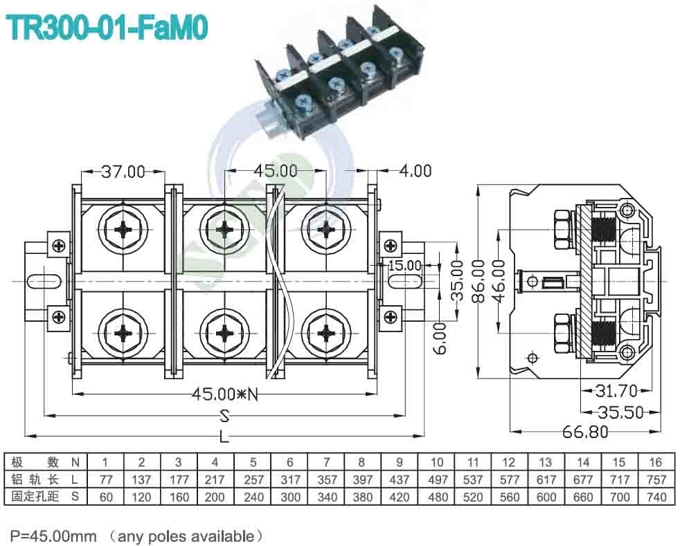 45.00mm Pitch Panel High Current PC Terminal Block 4P Conector de parafuso de energia preta