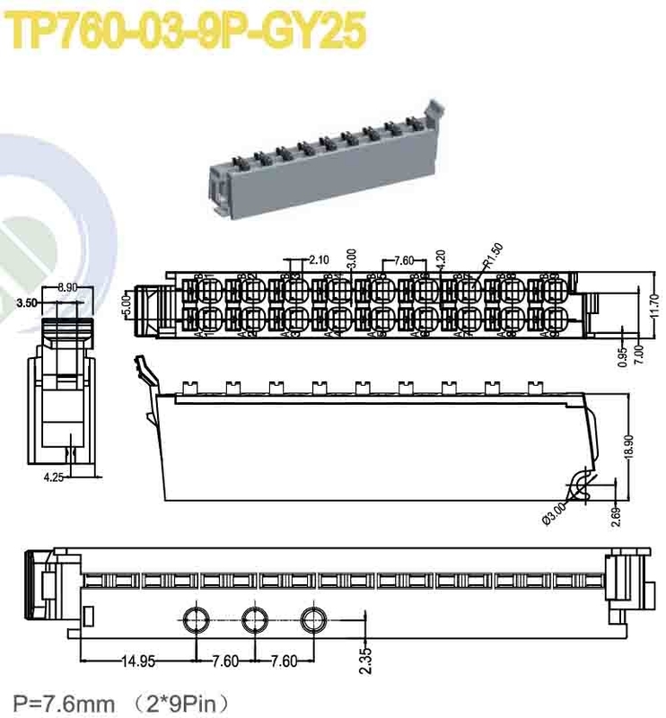 Conector de bloco de terminais femininos de 7,6 mm de altura 150V 8A 2*9 polos PA66