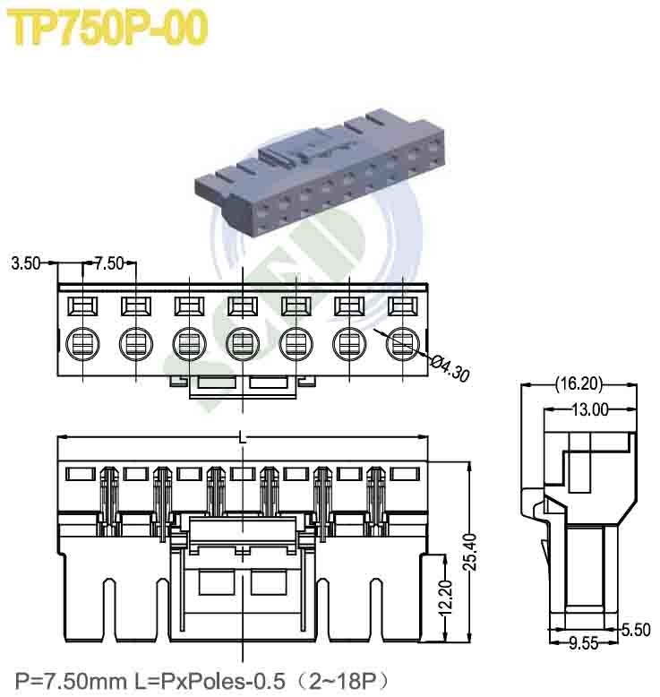 PA66 Conector de bloco de terminal de plástico cinza plugável de 7,5 mm Pitch 300V 16A 2-18 polos