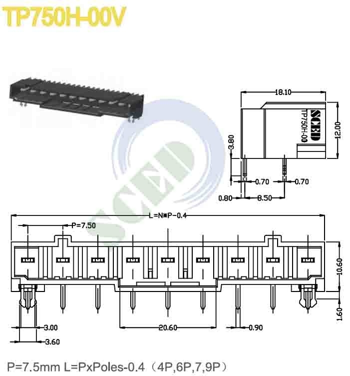 LCP Placado em Ouro Bloco de Terminal Plugável de Cor Preta Com Ângulo Direito 7.5mm 300V 16A