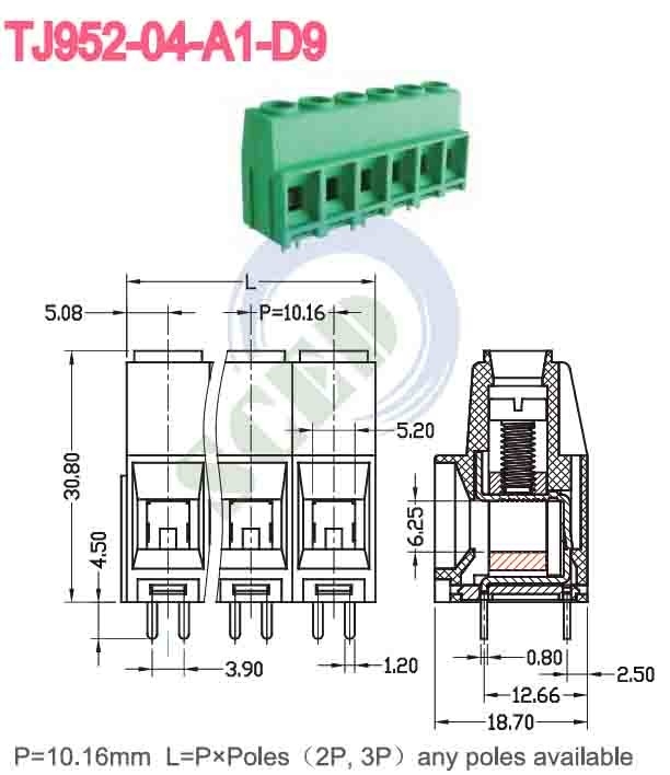 10.16mm 57A Bloco de terminais de PCB Verde de latão PA66 Revestido de níquel