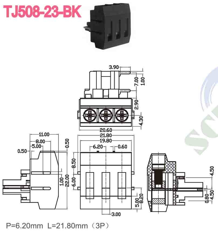 300V 10A M3 Conector de bloco de terminal de parafuso 12 24 AWG PBT 6,2 mm espaçamento de latão