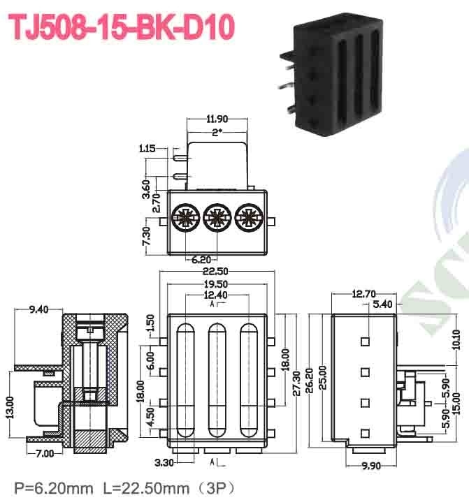 Conector de bloco terminal de 300V 15A 6,2 mm para PCB com parafuso M3 e revestimento de estanho