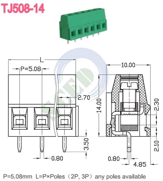 Verde 5.08mm 300V 10A PA66 Bloco de terminais de PCB Tipo Euro Para controlo automático