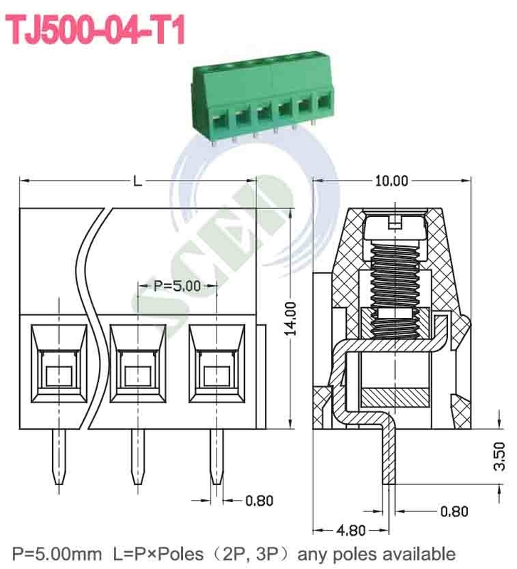 300V 10A M3 Parafuso 12-26 AWG Conector de Bloco Terminal PA66 Material de Isolamento Verde 5.08mm Espaçamento