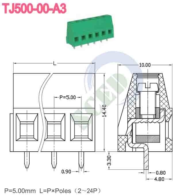 Pitch 5.00mm 300v PCB Terminal Bloco 10A 2P-24P ângulo reto entrada de fio 12-26 AWG
