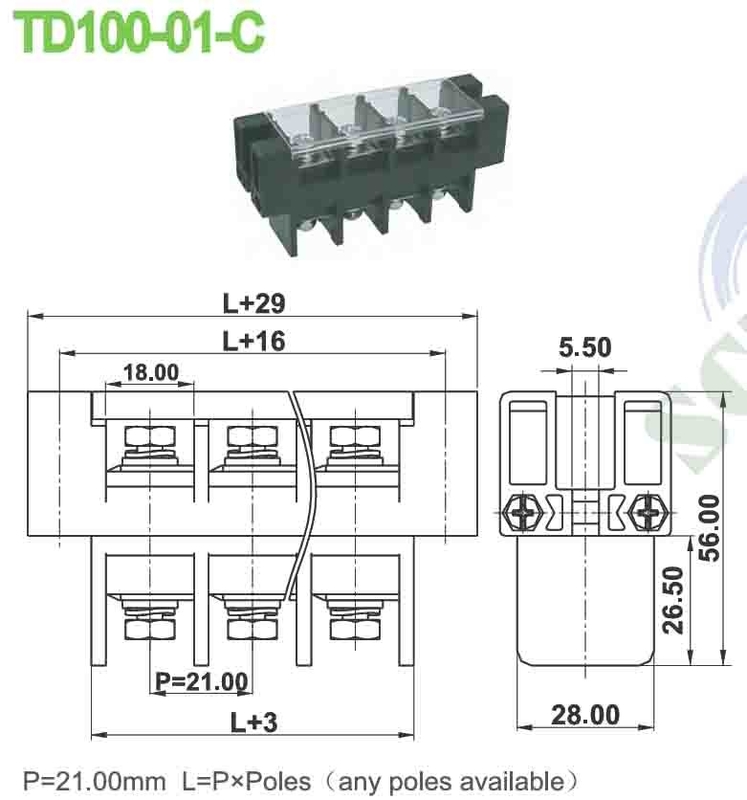 101A PBT de 21,0 mm Perforação 600V Alimentação através do bloco terminal com cobertura de plástico