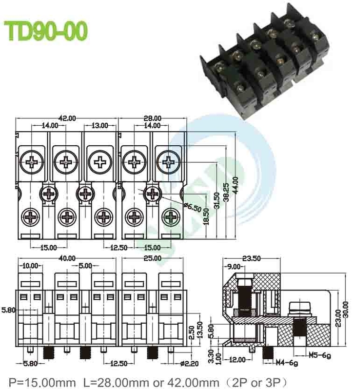 Alimentação através de 90A 600V PA66 M5 Bloco Terminal de Perforação 15.00mm 4-20 AWG