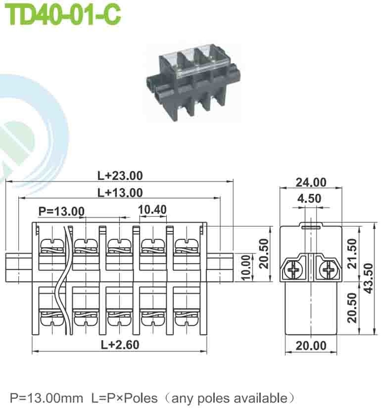 Pitch 13mm Electrical Connector Block M5 PBT Black Panel Mount Screw Terminal Connector